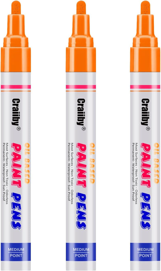 Orange Paint Markers, 3 Pack Oil-Based Waterproof Quick Dry Permanent Paint Pen Set for Rocks Painting, Wood, Fabric, Plastic, Canvas, Glass, Mugs, Metal, Tire, Stone, DIY Craft-VerdiqueGarden