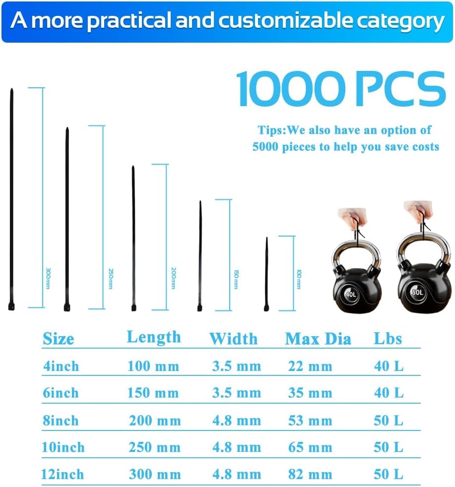 1000pcs 10Inch Nylon Zip Ties, 50 Pounds Tensile Strength, Black Cable Tie,Industrial Grade,UV Resistant,Heavy Duty,for Home,Garden Trellis,Office,Garage and Workshop-VerdiqueGarden