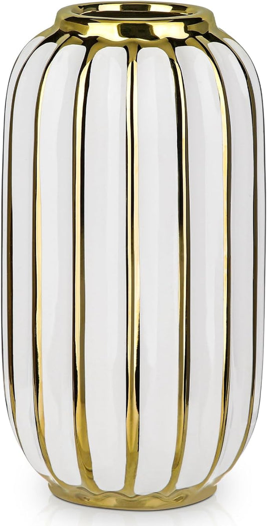 Briful Gold Plated Lantern Ceramic Vase Home Decor Creative Design Porcelain Decorative Flower Vase 8.66'' White Ceramic Vases for Wedding Anniversary Decoration-VerdiqueGarden