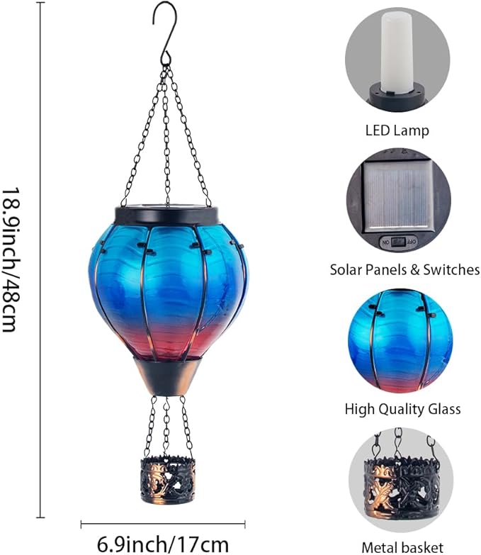 Starsoul 2 PC Blue Hot Air Balloon Solar Lantern Glass Solar Hot Air Balloon Flickering Flame Hanging Garden Light Waterproof Garden Yard Farmhouse Decor-VerdiqueGarden