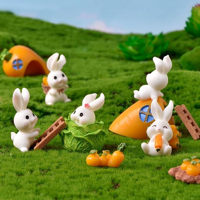 21Pcs Mini Rabbit and Carrot Figurines 1inch Cute Resin Bunny Cake Toppers for DIY Fairy Garden Dollhouse Moss Landscape Crafts Easter Decors-VerdiqueGarden