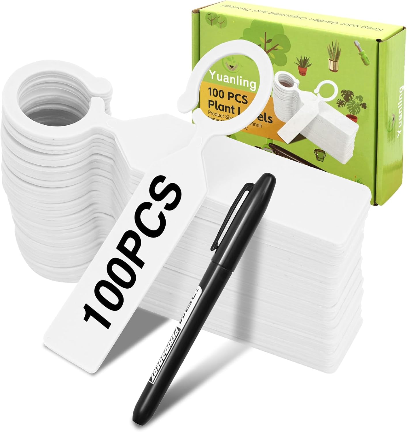 Plant Labels Yuanling 100Pcs Plastic Waterproof Plant Tree Tags Nursery Garden Markers for Indoor Outdoor Gardening Plants Vegetables Flowers Potted (White Color with 1 Marker Pen)-VerdiqueGarden