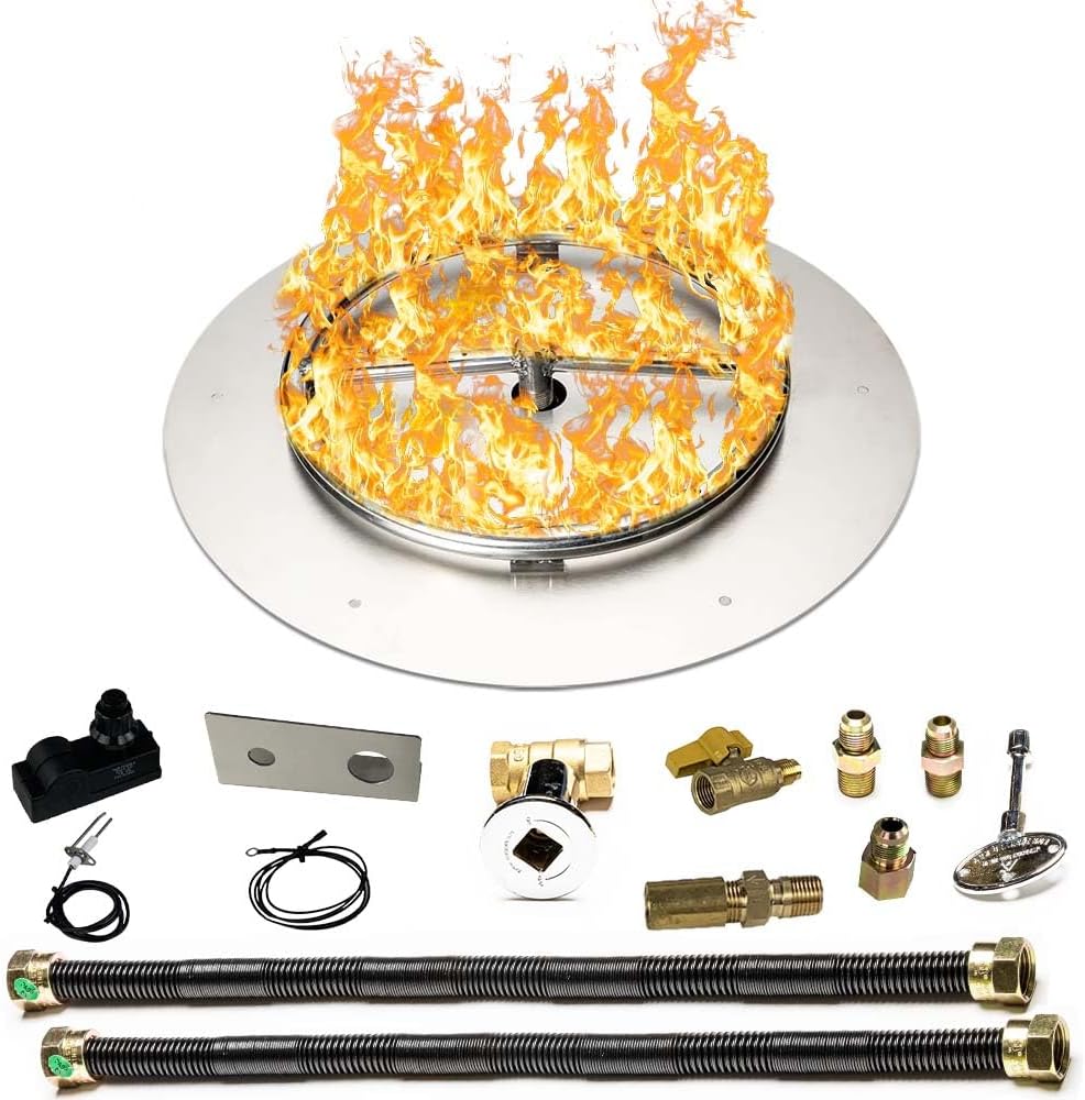 Stainless Steel Fire Pit Burner Pan & Ring Deluxe Kit for Liquid Propane, 18-Inch Pan, 12-Inch Ring, 90,000 BTU Max-VerdiqueGarden