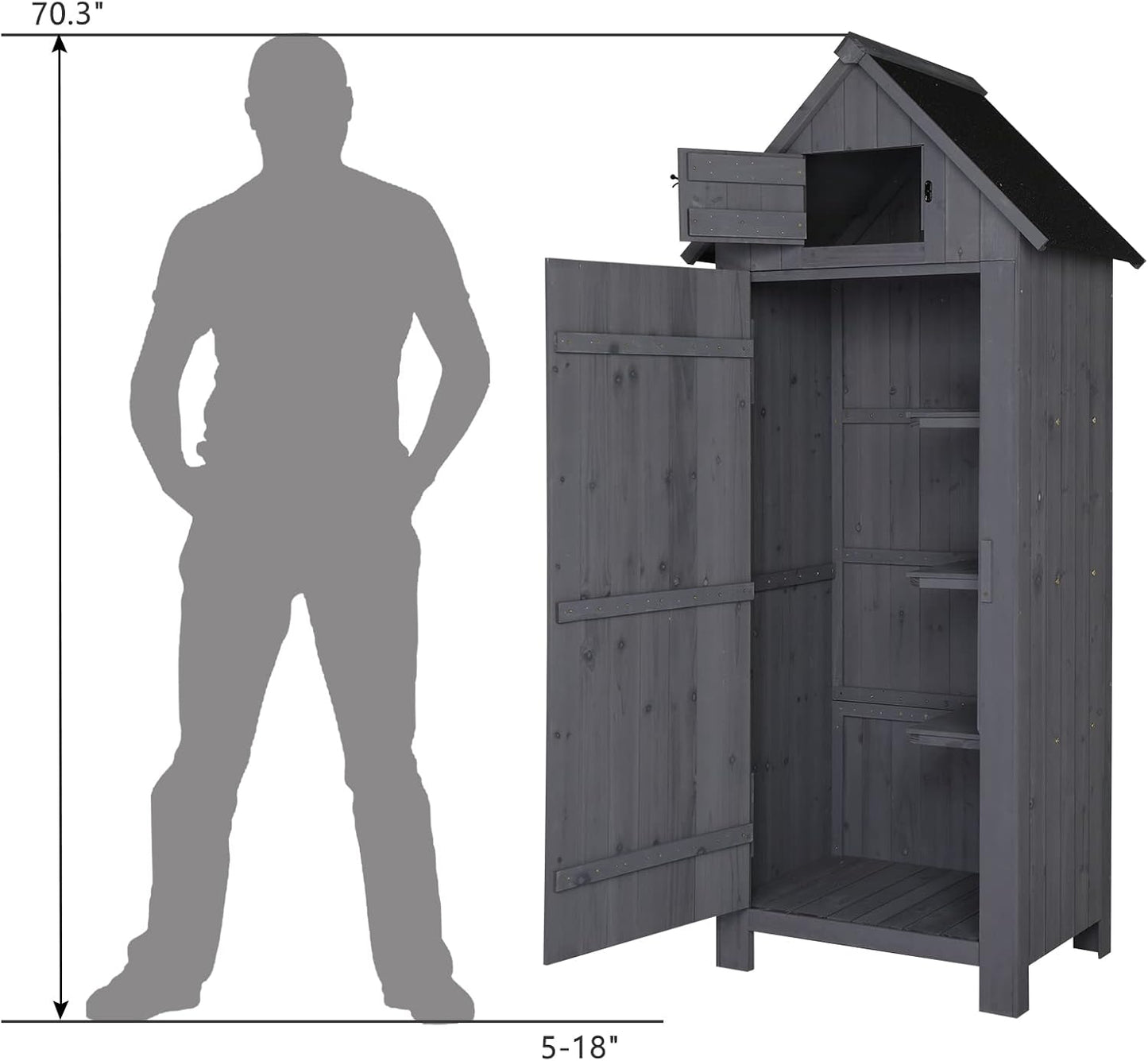 Outvita Outdoor Storage Shed, 70 Inch Wooden Garden Storage Cabinet, Waterproof Tool Storage Cabinet with Lockable Door, Wooden Garden Shed Outdoor Shed for Garden Backyard Lawn(Grey)-VerdiqueGarden