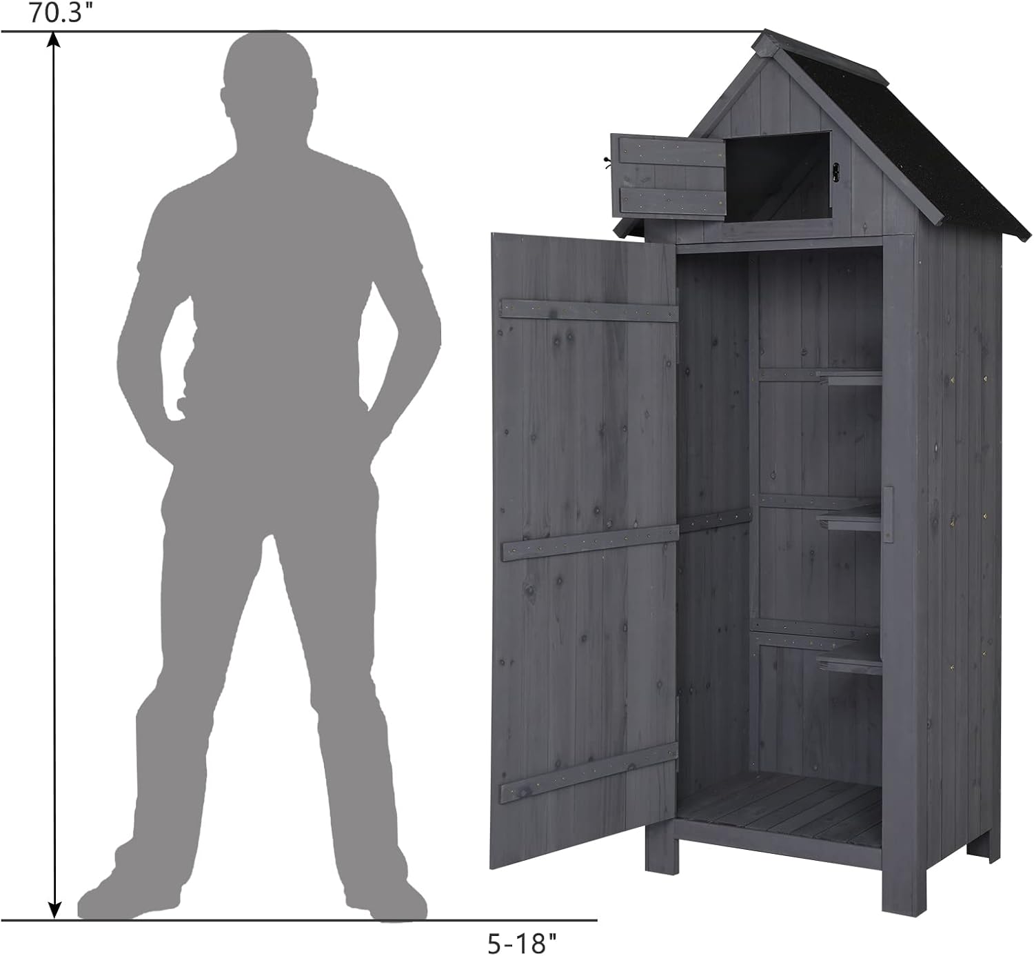 Outvita Outdoor Storage Shed, 70 Inch Wooden Garden Storage Cabinet, Waterproof Tool Storage Cabinet with Lockable Door, Wooden Garden Shed Outdoor Shed for Garden Backyard Lawn(Grey)-VerdiqueGarden