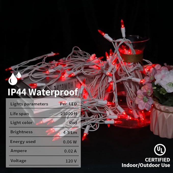 Red LED Christmas Lights - 100 Count Red Christmas String Lights for Tree, Party, Bedroom, Wedding, Indoor and Outdoor Valentines Day Decorations, 33 Feet White Wire, UL Certified, Connectable-VerdiqueGarden