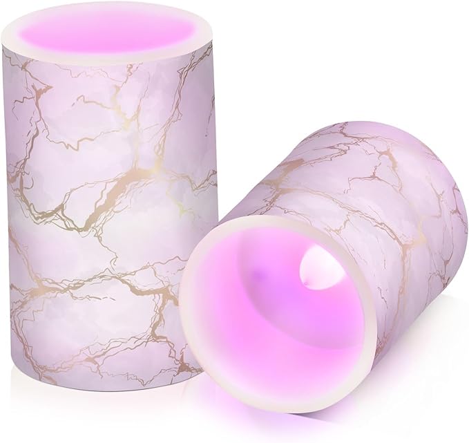Flickering Flameless Candles, Marble Gray White Golden Texture LED Candles with Remote Timer, Set of 2 Battery Operated Candle for Valentine Wedding Birthday-VerdiqueGarden