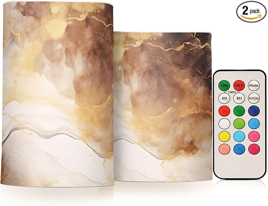 Flickering Flameless Candles, Brown White Marble LED Candles with Remote Timer, Set of 2 Battery Operated Candle for Valentine Wedding Birthday-VerdiqueGarden