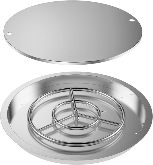 Skyflame 25 Inch Round Stainless Steel Drop-in Fire Pit Pan Fire Bowl with Burner Ring and Protective Cover, DIY Firepit System Assembly Set for Both Natural Gas and Liquid Propane-VerdiqueGarden