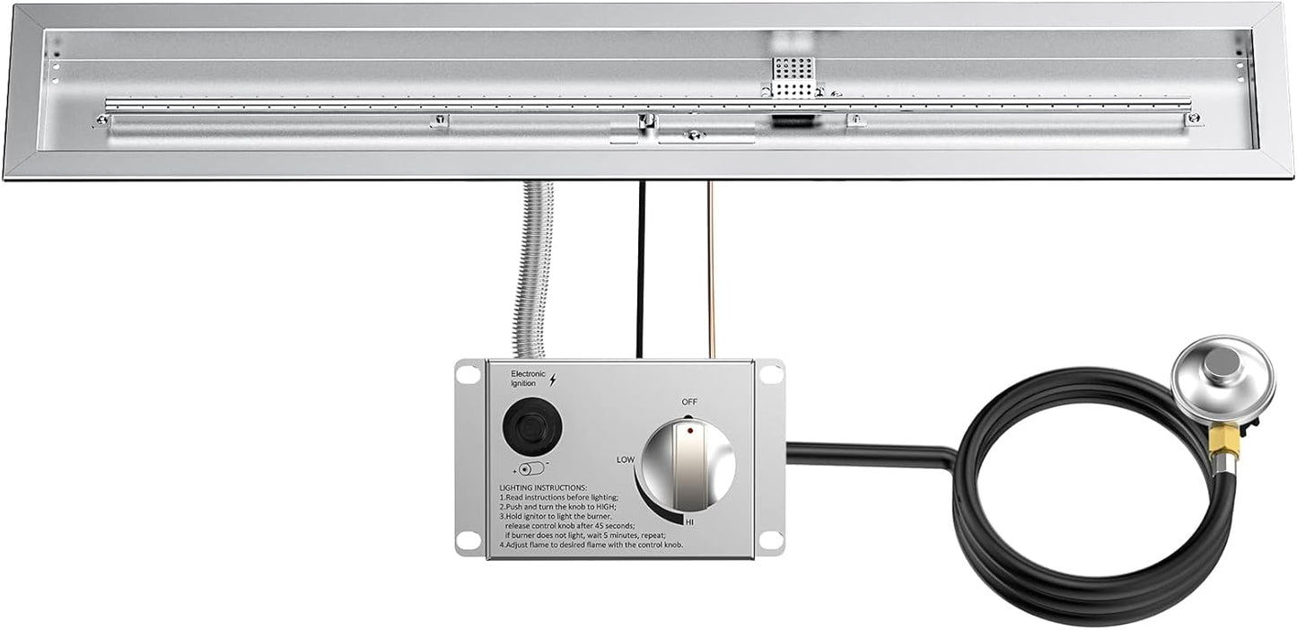 Skyflame Spark Ignition Gas Fire Pit Burner Kit, 48" Linear Stainless Steel Complete Drop-in Burner Kit with Flame Sensing, CSA Certified, Propane Regulator Connector Hose Set for Propane Tank-VerdiqueGarden