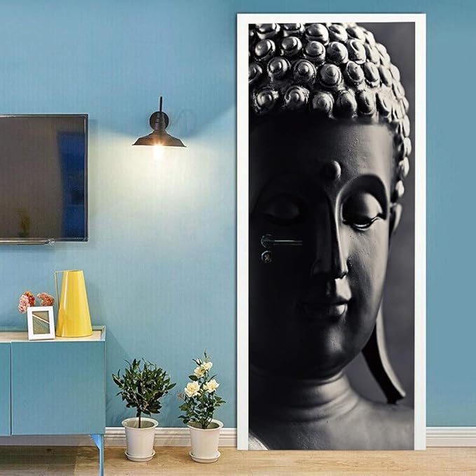 3D Door Stickers - Buddha Statue - Peel & Stick - Waterproof & Washable - Matt Finish - Oriental Style - Black - 37.4" x 84.6" - 2 Pieces-VerdiqueGarden