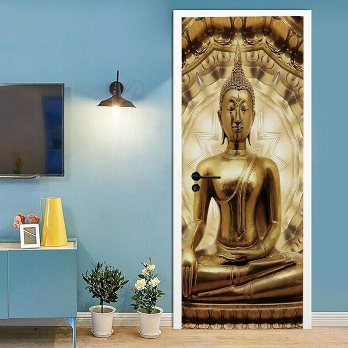 3D Door Stickers - Buddha Statue - Peel & Stick - Waterproof & Washable - Matt Finish - Oriental Style - Door & Wall - 2 Pack - 33.9" x 78.7"-VerdiqueGarden