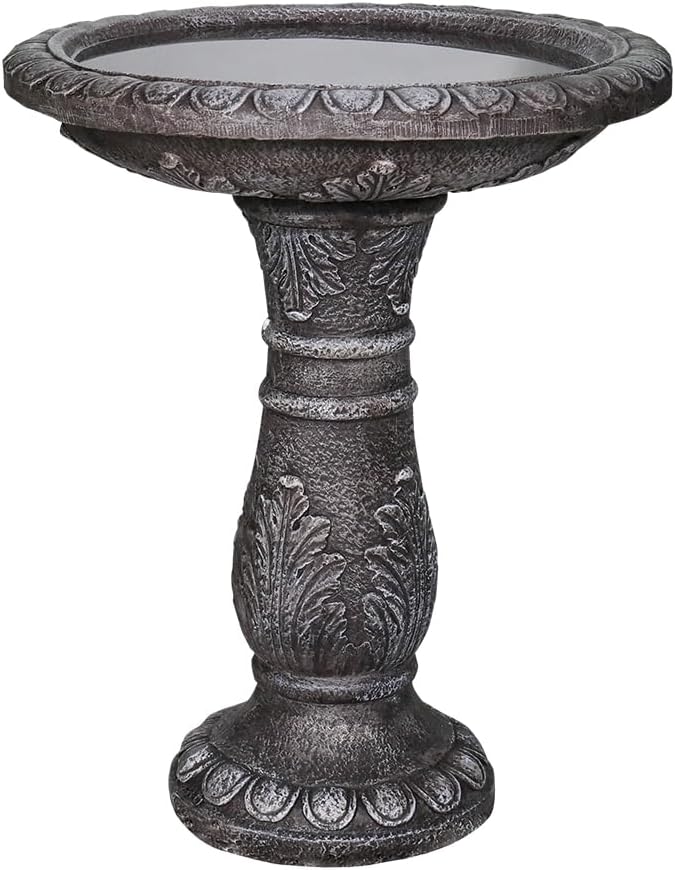 SKYFIRE 24.4" H Cement Bird Bath for Garden- Fibre Reinforced Concrete Bird Baths for Outdoors, Large Size Vintage Carved Pedestal Birdbath for Patio, Yard, Lawn -20”Dia. X 24.4”H Bird Fountain-VerdiqueGarden