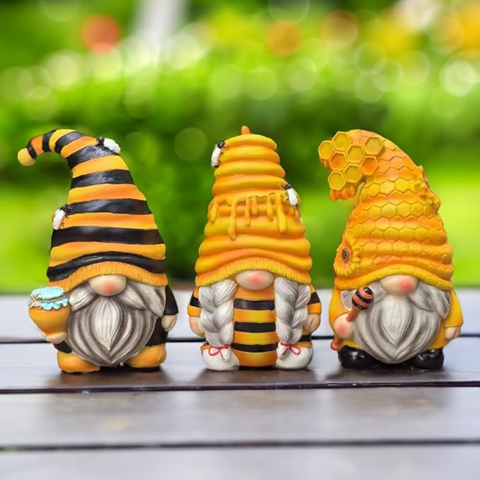 Spring & Summer-Themed Garden Statues – Adorable Outdoor Decor for Lawn, Patio & Porch (Buzzy Trio Set of Three Bumble Bee Gnome Figurines, 6" Tiered Tray Home or Garden Decoration)-VerdiqueGarden