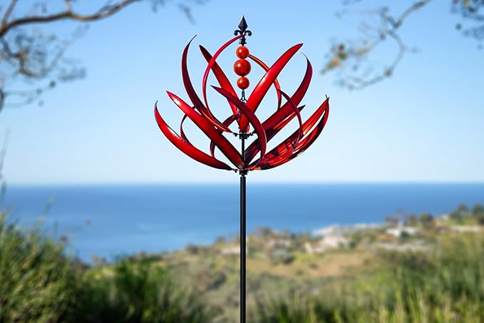 LimeHill Wind Spinner for Garden and Yard - Large Metal Kinetic Wind Sculptures for Outdoor Decor (91 Inches, Burgundy Lotus)-VerdiqueGarden