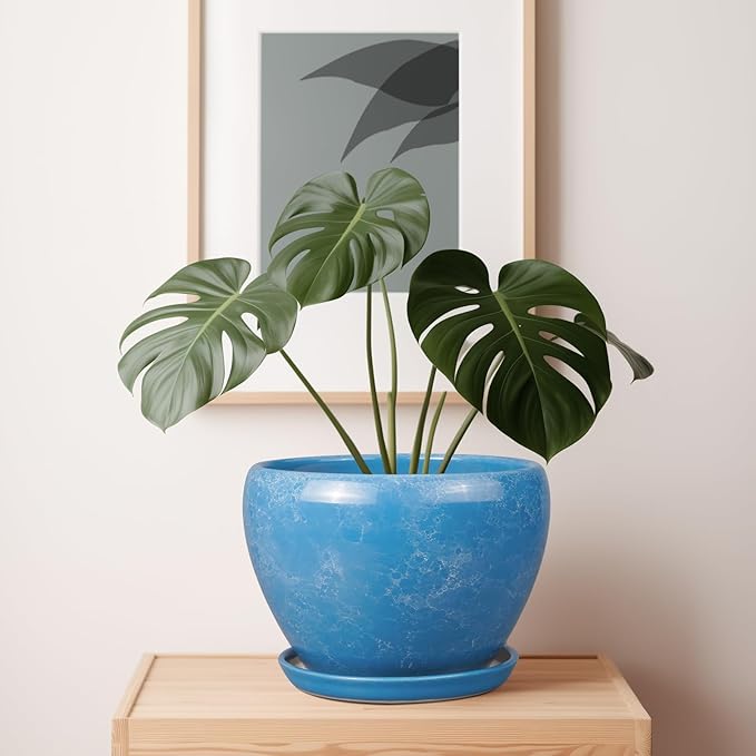 10 Inch Planter Pot - Ceramic Pots for Plants with Drainage Hole and Saucer, Round Large Flower Pot for Indoor Plants, Blue-VerdiqueGarden