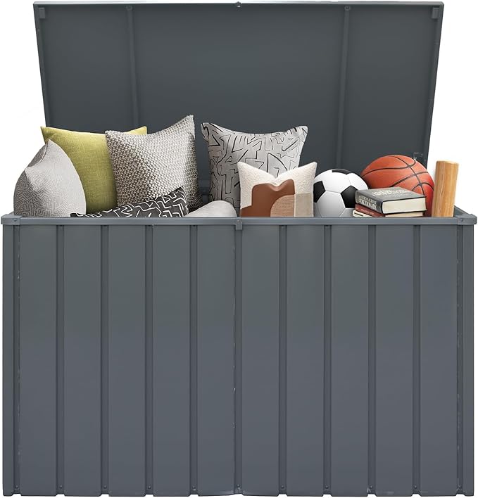 Domi Deck Box 200 Gallon, Waterproof Lockable Steel Outdoor Storage Container for Outside Cushions, Garden Tools and Pools Equipment(Gray)-VerdiqueGarden