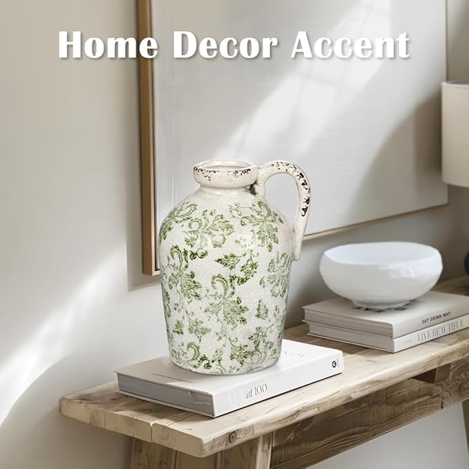 Ceramic Rustic Farmhouse Vase, 9 inch Ceramic Green and White Vase for Centerpieces Pampas Grass Pottery Jug with Handle Boho Chinoiserie Decor Vintage Vases for Living Room Kitchen Dinner Table Shelf-VerdiqueGarden