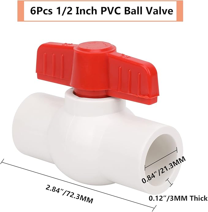 6Pcs 1/2" PVC Ball Valve Water Pipe Shut-off Valve Socket with Red T-Handle for Cold Water Supply lines, Irrigation Pipe fitting System(Socket x Socket), Schedule 40-VerdiqueGarden