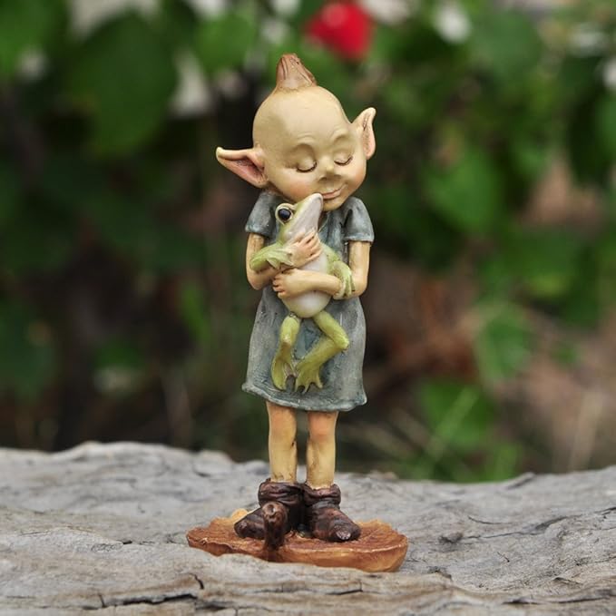 Top Collection Miniature Fairy Garden and Terrarium Statue, Garden Pixie Elf Hugging Frog-VerdiqueGarden
