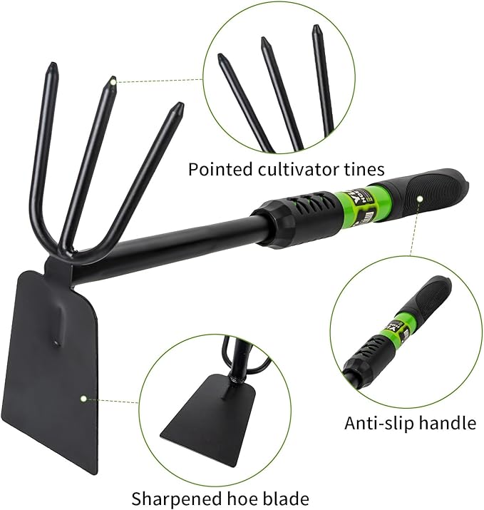 Hoe Garden Tool Set, 3 Piece Handheld Gardening Tools includs Garden Hoe and Cultivator Combo, Mini Hand Rake and Garden Trowel Outdoor Heavy Duty Garden Tools for Weeding or Digging-VerdiqueGarden