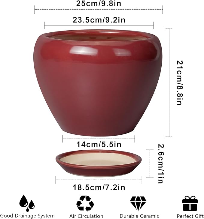 10 Inch Plant Pot - Ceramic Planter Pot with Drainage Hole and Saucer Large Planter for Indoor Plants Round Outdoor Flower Pot Mid-Century Decor Red-VerdiqueGarden
