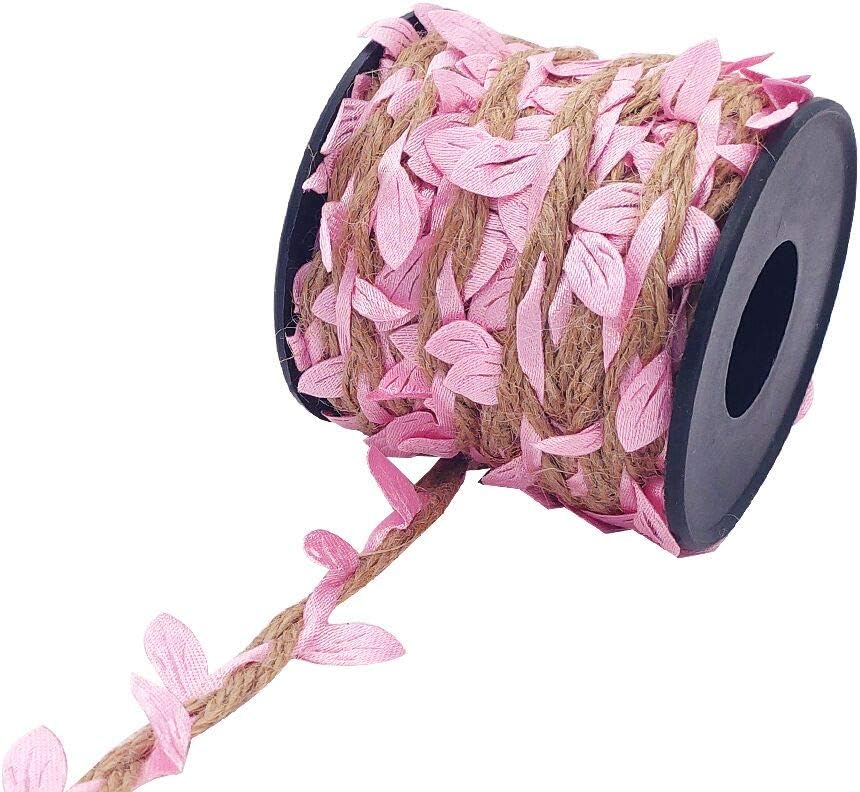 Burlap Leaf Ribbon 2 Rolls 66 Feet 5mm Jute Burlap Twine Vine with Artificial Leaves for Crafts Jungle Garland Party Wedding Garden Home Decoration Pink-VerdiqueGarden