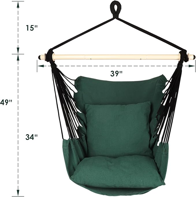 Highwild Hammock Chair Hanging Rope Swing - Max 500 Lbs - 2 Cushions Included - Steel Spreader Bar with Anti-Slip Rings - for Any Indoor or Outdoor Spaces (Green)-VerdiqueGarden