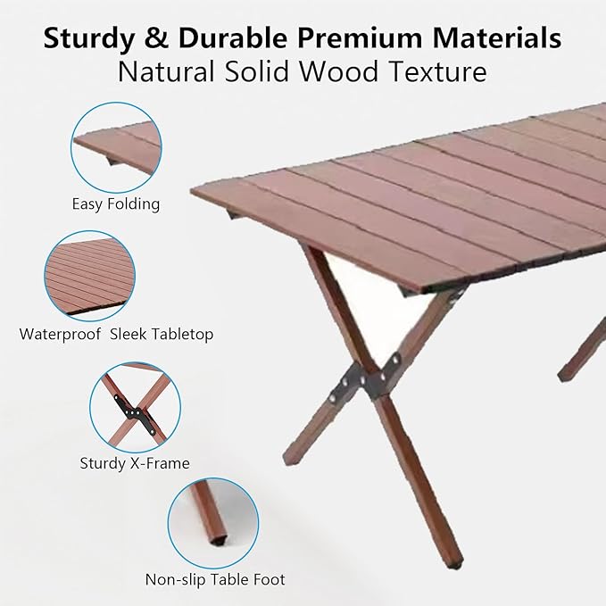 Folding Camping Table, 48Inch Lightweight Roll-Up Table Aluminum Low Portable Picnic Table with Carrying Bag for Outdoor, Beach, Picnic, Backyards, BBQ and Party Walnut Color-VerdiqueGarden