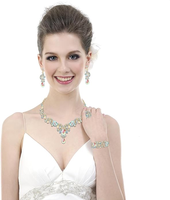 Crystal Bridal Wedding Jewelry Sets for Women Rhinestone Teardrop Crystal Statement Choker Necklace Drop Earrings Link Bracelets Rings Teardrop Jewelry Set for Brides Bridesmaids