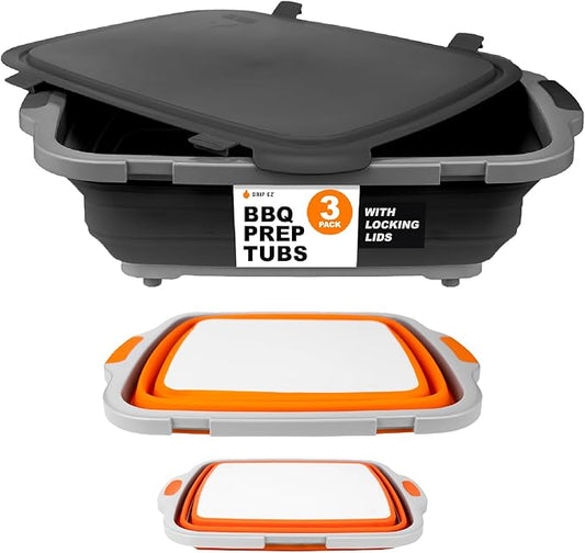 Drip EZ Collapsible BBQ Prep Tubs 3-Piece Set- For Meal Prep Marinating Food Storage - Includes Cutting Board & Lid - (1) JR - Orange + (1) OG - Orange + (1) XL - Black-VerdiqueGarden