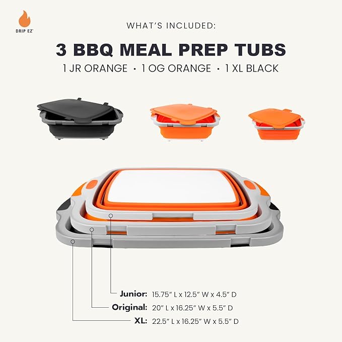 Drip EZ Collapsible BBQ Prep Tubs 3-Piece Set- For Meal Prep Marinating Food Storage - Includes Cutting Board & Lid - (1) JR - Orange + (1) OG - Orange + (1) XL - Black-VerdiqueGarden