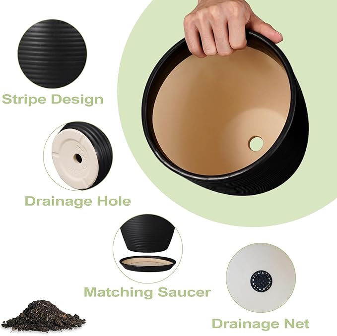 12 Inch Pots for Plants - Ceramic Planter Pot, Large Flower Pot with Drainage Hole and Saucer for Home Patio Garden Office Indoor Outdoor, Black-VerdiqueGarden