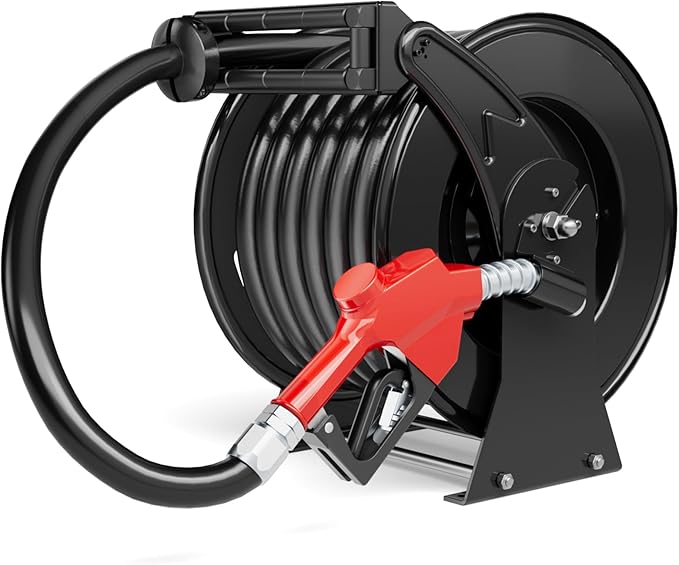 Retractable Fuel Hose Reel with Refueling Nozzle 1" x 50ft Spring Driven Diesel Hose Reel 300 PSI Industrial Auto Swivel Heavy Duty Steel Construction Reel for Ship Vehicle Tank Truck, Black-VerdiqueGarden