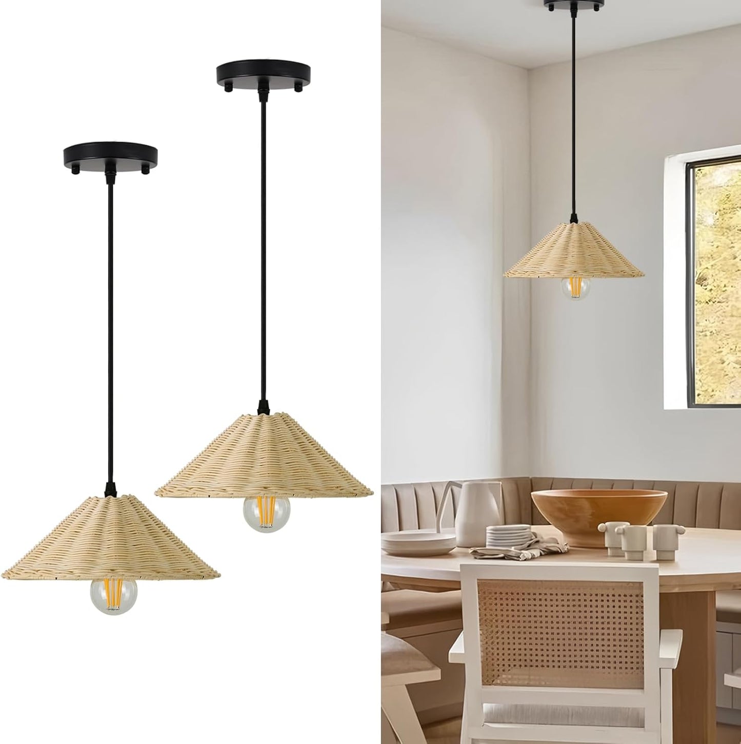 TERLEENART Hard Wired Rattan Pendant Lights Set of 2,Farmhouse Coastal Woven Wicker Ceiling Light with 10.65” Cone Shade, Boho Wired Mounted Hanging Chandelier for Bedroom Dining Room Kitchen Island-VerdiqueGarden
