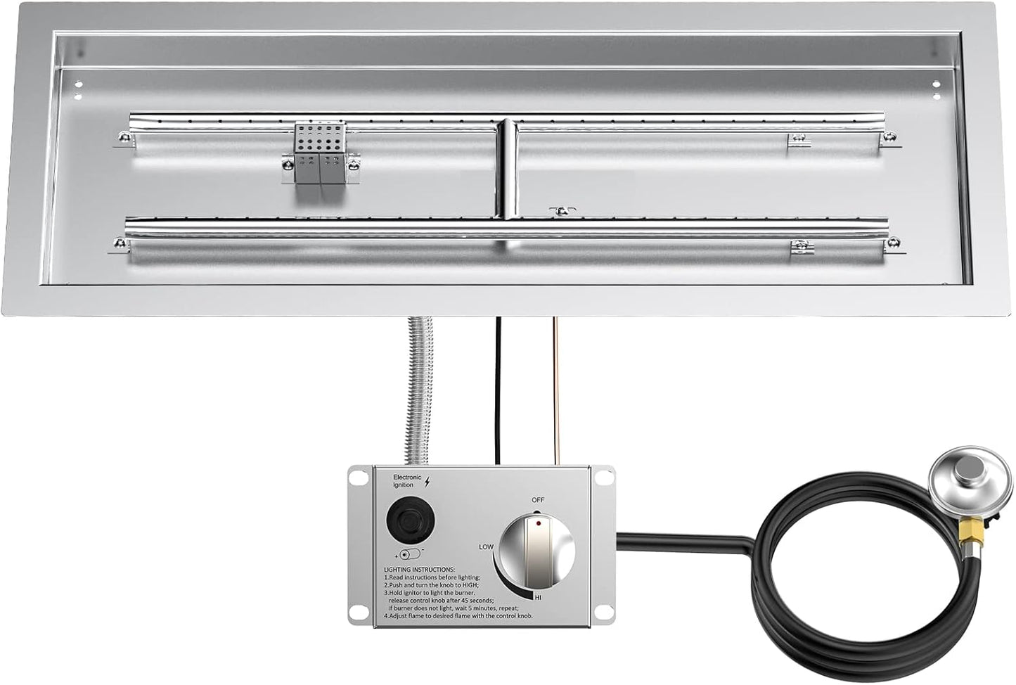 Skyflame 30" Rectangle Stainless Steel Fire Pit Drop-in Burner Kit with Extinguishing Protection Device, Electronic Spark Ignition, and Propane Regulator Hose Set-VerdiqueGarden