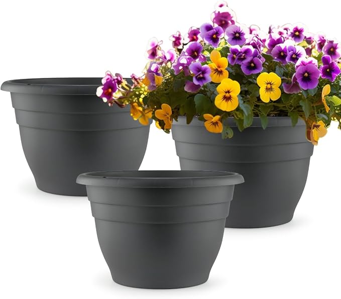 11 Inch Plant Pots, 3 Pack Planters for Indoor Ourdoor Plants, Round Plastic Flower Pots, Large Planters with Drainage Hole and Plug, Gray-VerdiqueGarden