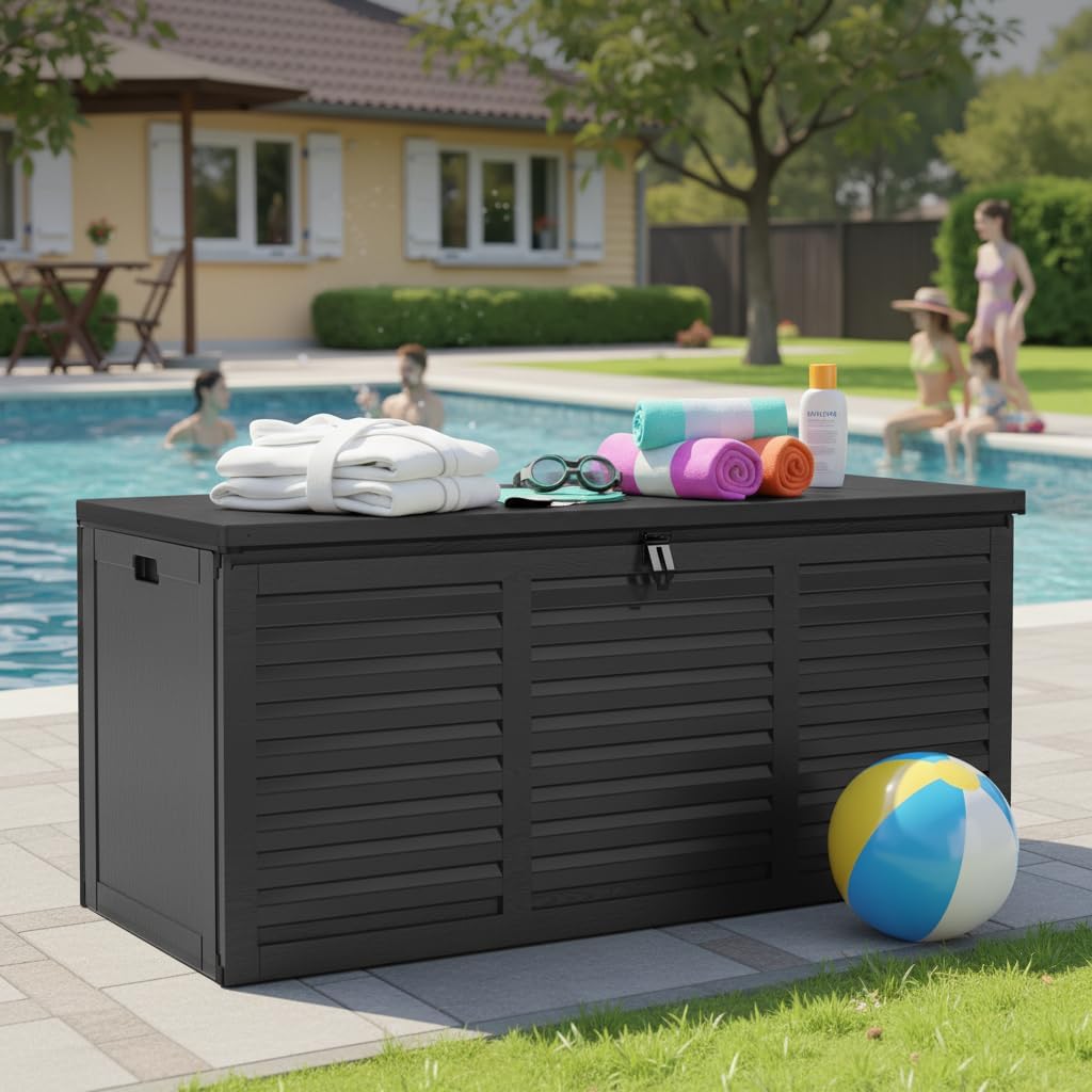 130 Gallon Deck Box Outdoor Waterproof Storage Box Lockable Resin Outdoor Storage Box for Garden Tools Patio Cushions UV-Resistant & Easy Assembled (Black)-VerdiqueGarden