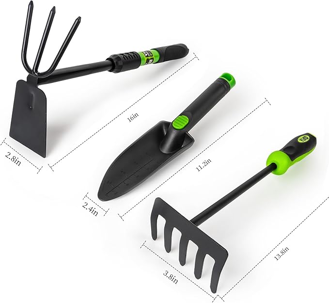 Hoe Garden Tool Set, 3 Piece Handheld Gardening Tools includs Garden Hoe and Cultivator Combo, Mini Hand Rake and Garden Trowel Outdoor Heavy Duty Garden Tools for Weeding or Digging-VerdiqueGarden