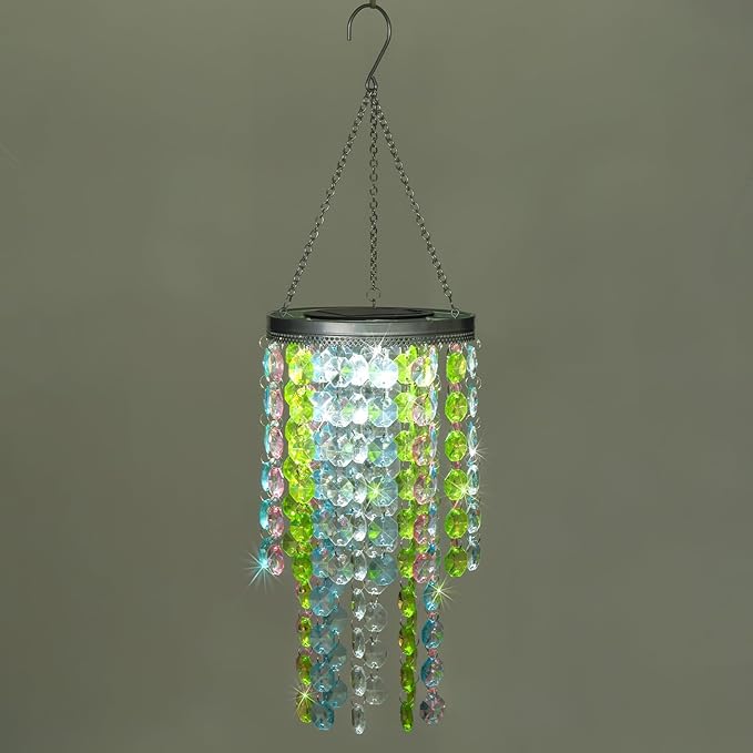 Hanging Solar Lantern Outdoor, 2 Tiers 21” Solar Multicolor Acrylic Beaded Chandelier with Cool White LED S Hooks for Garden Yard Patio Gazebo Outside Decor-VerdiqueGarden