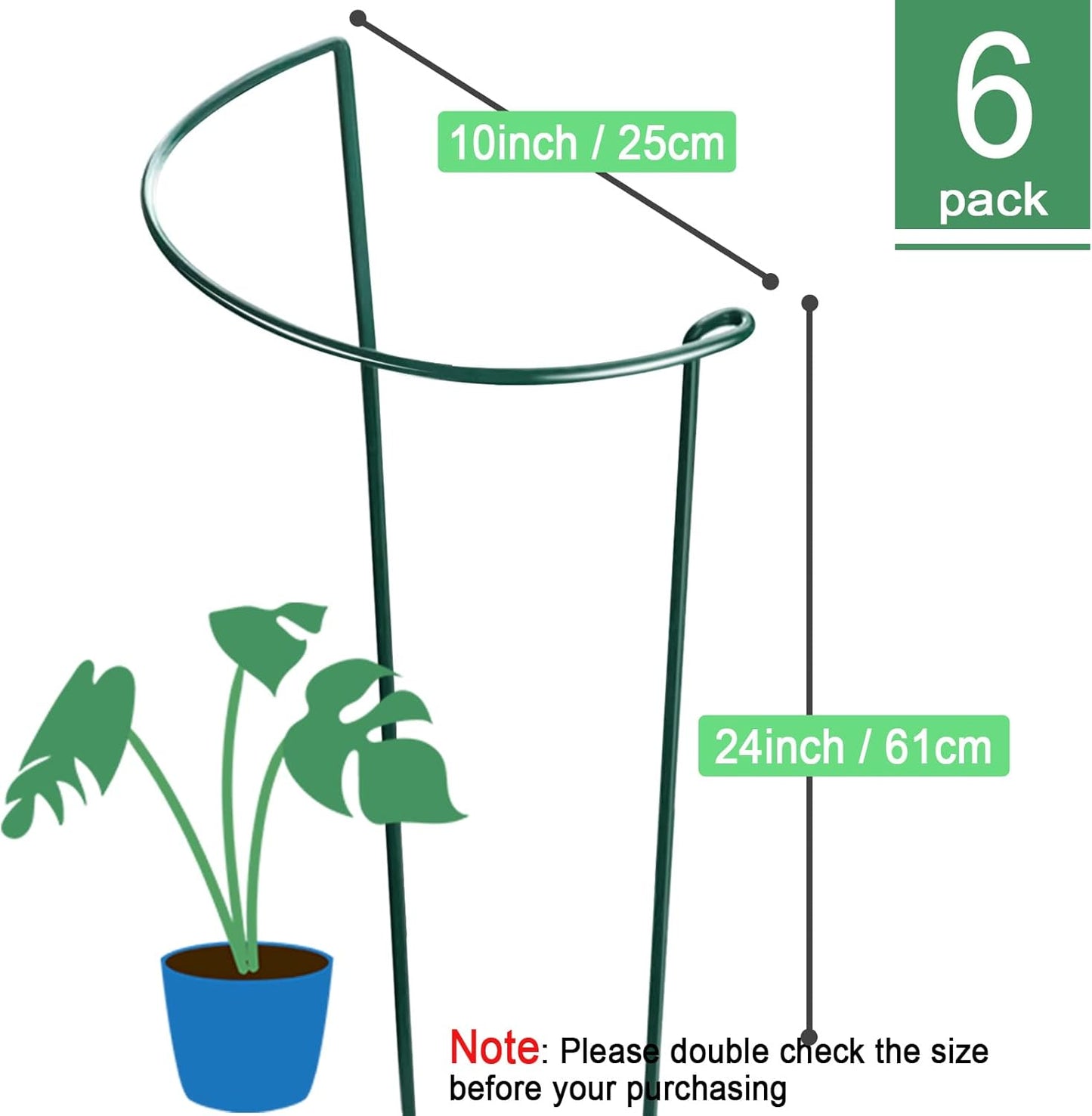 HiGift 6 Pack 24 Inch Plant Stakes, 10" Wide x 24" High Half Round Metal Peony Cages and Support, Green Garden Plant Stake Plant Support Ring Border for Peony Tomato,Hydrangea,Flower Indoor Outdoor-VerdiqueGarden