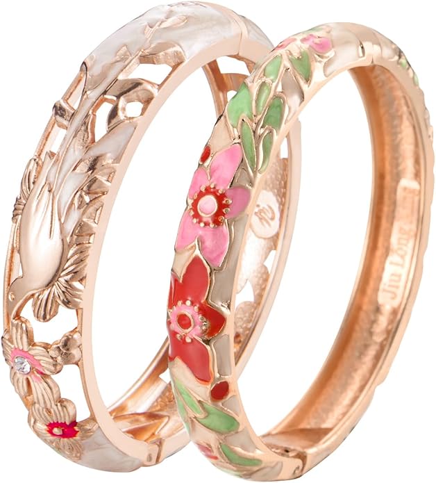 wynameleri Vintage Cloisonne Jewelry Gorgeous Rhinestone Handcrafted Bracelets Enamel Flower Bird Hinged Cuff Bangles Gifts 88A