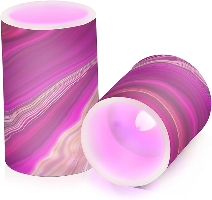 Flickering Flameless Candles, Fuchsia Gold Fluid Marble LED Candles with Remote Timer, Set of 2 Battery Operated Candle for Valentine Wedding Birthday-VerdiqueGarden