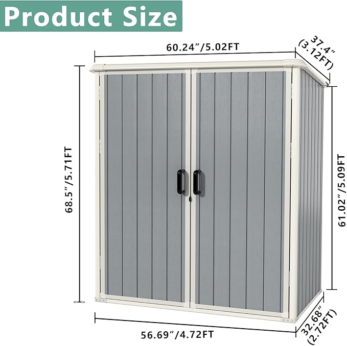 Aoxun Outdoor Storage Shed 5 x 3FT, Resin Shed with Floor and Lockable Door, Plastic Sheds for Garbage Can, Tool, Accessories, Lawn, Garden - Grey-VerdiqueGarden