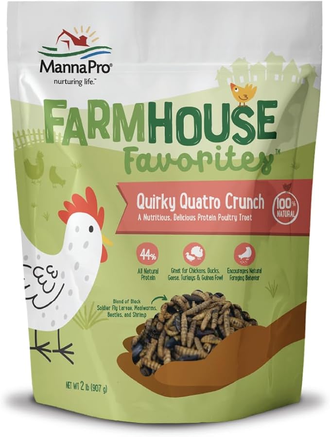 Manna Pro Farmhouse Favorites Quirky Quatro Crunch – 100% Natural Protein Treat for Mixed Flocks – Blend of Black Solider Fly Larvae, Mealworms, Beetles & Shrimp – 2lb-VerdiqueGarden