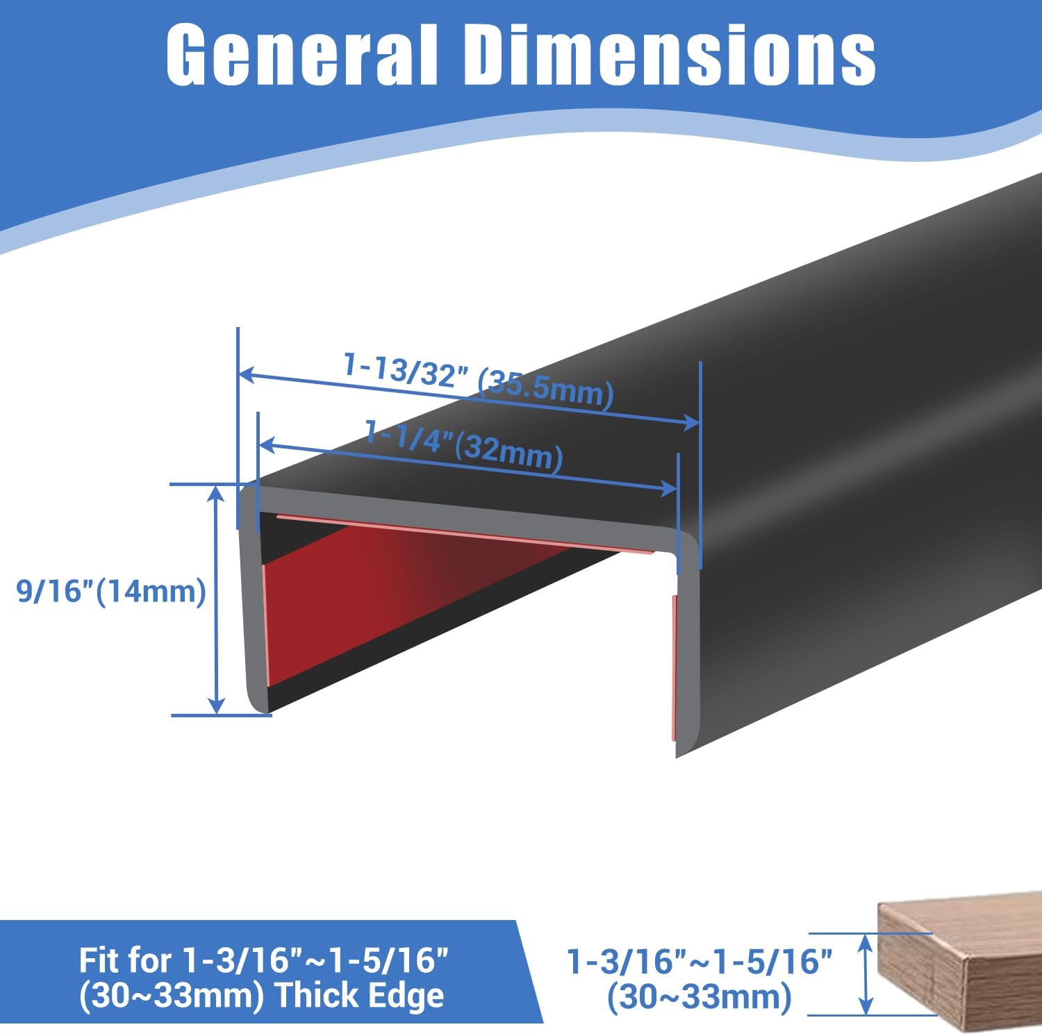 Rubber Edge Trim, Self-Adhesive U Channel Edge Protector for Plywood, Cabinet, 1-1/4" Wood Edge Banding, Flexible Furniture Repair, EPDM Material, Fit 1-1/4"(32mm), Length 10Ft, Black-VerdiqueGarden