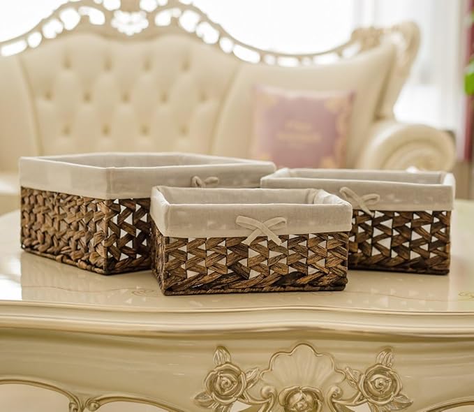 Rectangular Woven Seagrass Storage Bin with Handle,Kingwillow. (water hyacinth, Large)-VerdiqueGarden