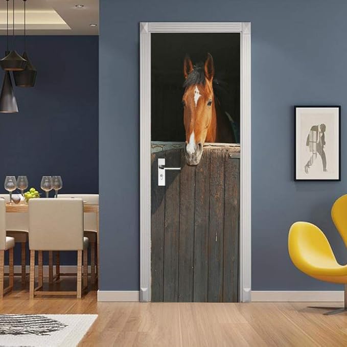 Horse 3D Door Stickers Murals - Peel & Stick - Waterproof & Washable - Matt Finish - Realistic Animal Print - Adult & Kid - All Seasons - Door & Wall - 34.6" x 78.7"-VerdiqueGarden