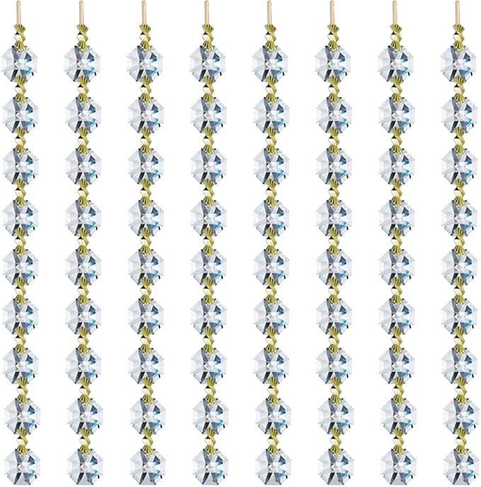 12.5 FT Crystal Glass Strand, Garland Octagon Beads Chandelier Crystal Prism Replacement for Hanging Clear with Golden Clips-VerdiqueGarden