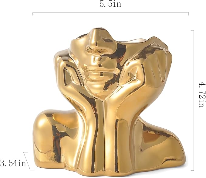 Gold Ceramic Human Face Decorative Vase - Shy Posture Modern Art Desktop Display for Bookshelf, Living Room, Office, Bedroom-VerdiqueGarden
